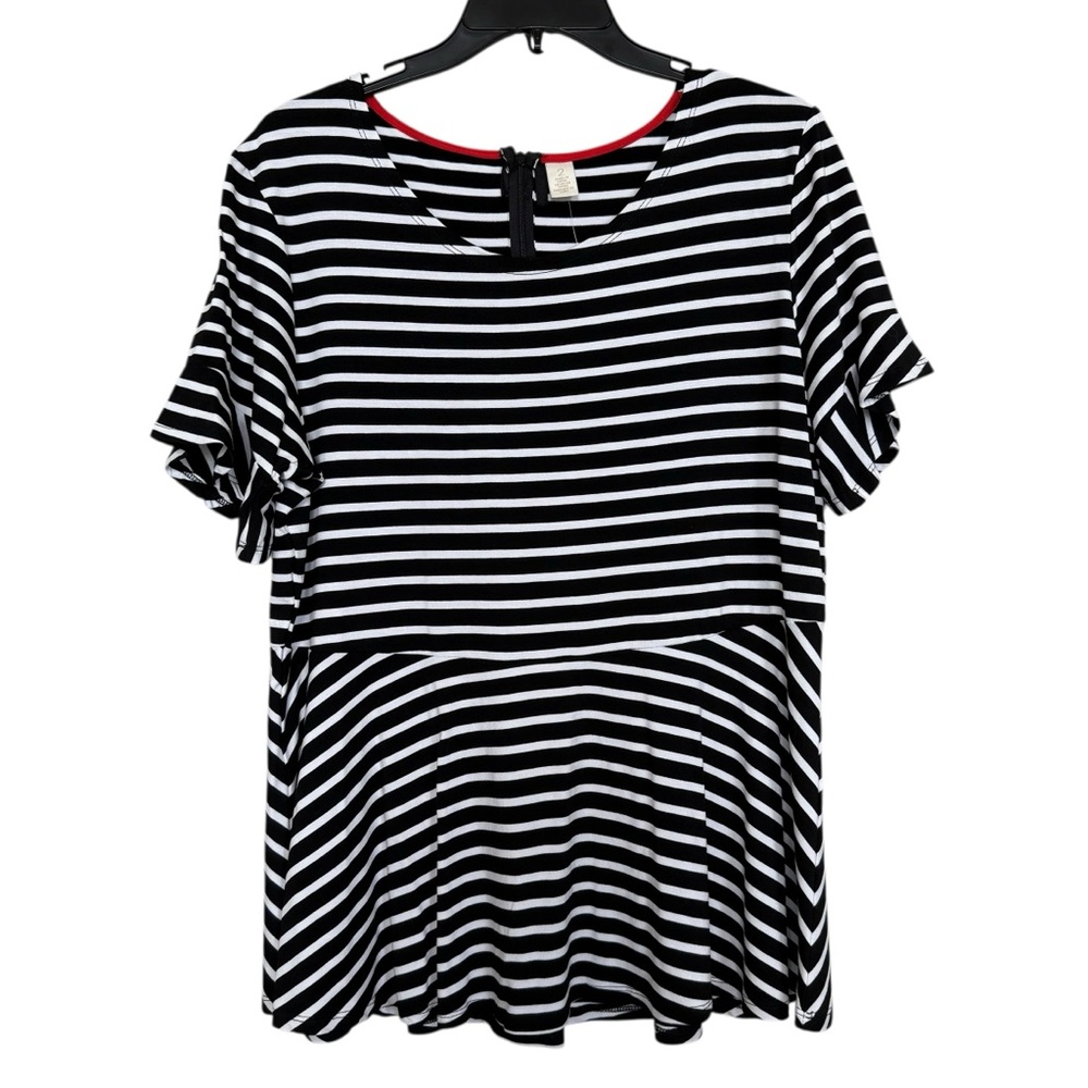 Chico’s Women’s Sz 2(L) Black/White Stripe Flutter Detail Short Sleeve Top NWT